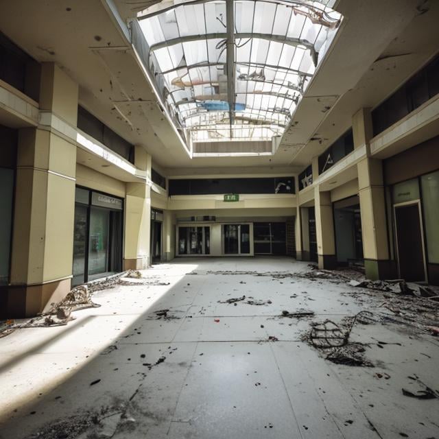 Prompt: a small abandoned mall that's not very well lighted. the fluorescent lights are buzzing, and some are flickering. the floor's dirty, the walls are almost collapsing, the stores are empty except for some with knocked-over chairs and bookshelves