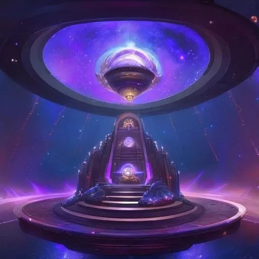 Prompt: a space themed lake place where a space goddess would be with some stairs that lead down to heaven, and in front of those stairs is a big purple metallic gate (like the golden gates but purple), and a purple and gold throne in the center w some stars surrounding the place and small spiral galaxies everywhere and a gigantic throne