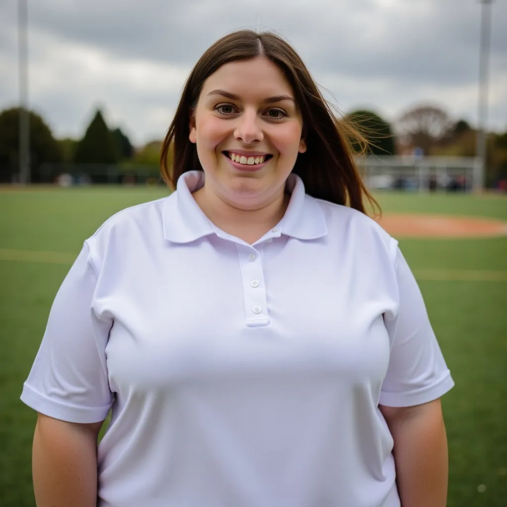 Prompt: Super obese woman wearing a white polo shirt on a school field