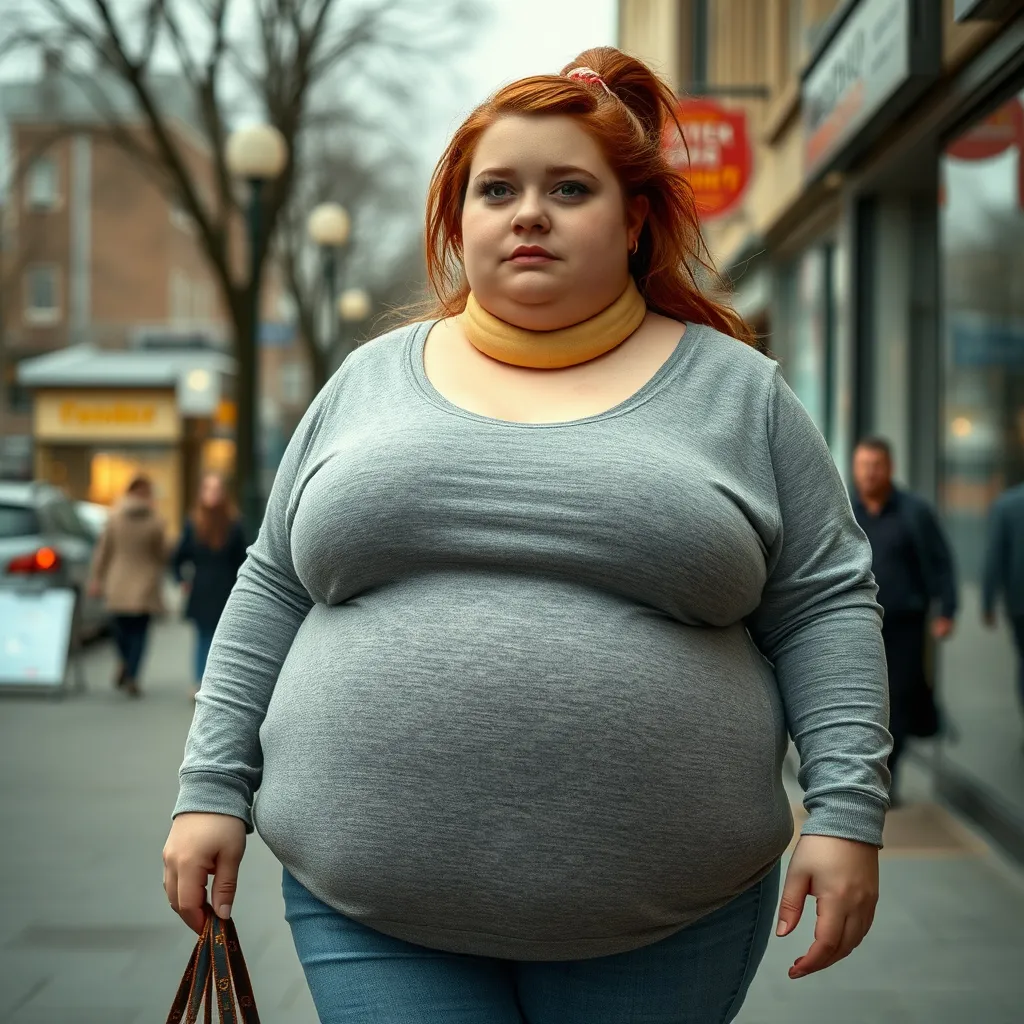 Prompt: (disproportionate body features), (fantasy), a twenty-year-old attractive blob woman on a high street, huge wobbly neck, makeup, pretty face covered in fat, in casual clothes, impossibly large XXL slob body, striking and insane, surreal proportions, evoking a sense of wonder and disbelief. Sea of fat, freakish, blob, blubber