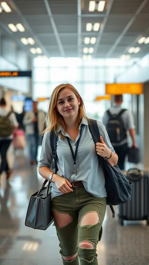 Prompt: An unhealthy female student walking through the airport in "airport-wear"