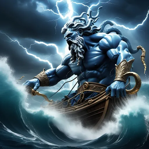 Prompt: (kraken vs zeus), fierce ocean battle, dynamic water splashes, dark tumultuous waves, majestic lightning strikes illuminating the scene, (high drama) atmosphere, powerful expressions of rage and defiance, clash of titans, vibrant deep blues and striking whites, ultra-detailed, ethereal glowing effect on Zeus's lightning, intense mythological theme.