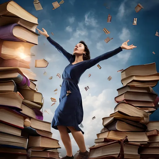 Prompt: A woman looks up in the air and sees a lot of books coming flying towards her. The woman stretches her arms out towards the books…