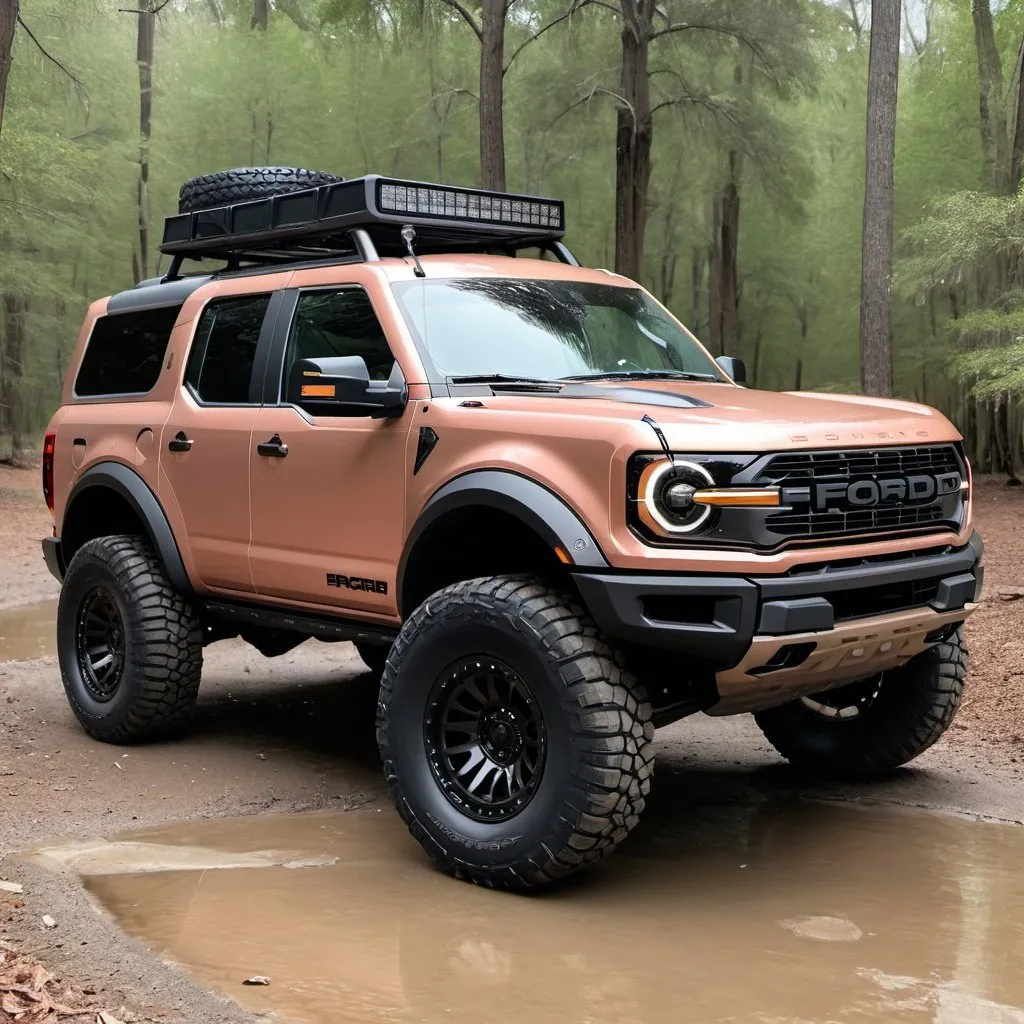 Prompt: Rose gold Ford Bronco raptor off-road overlander 37 in tires with snorkel black trim black accents