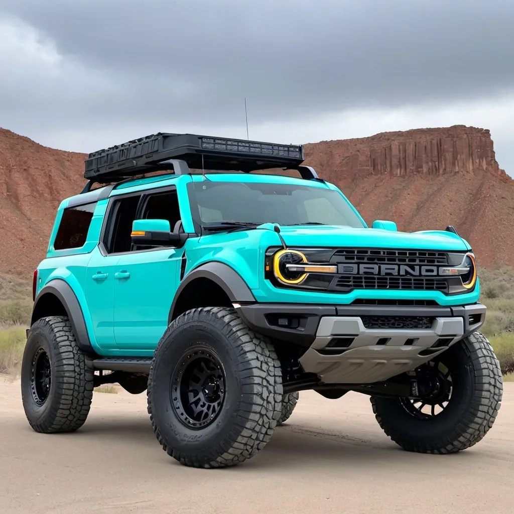 Prompt: 2024 Ford Bronco raptor on 37 in tires overlander Tiffany Blue
