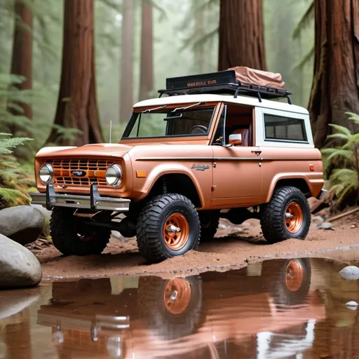 Prompt: Realistic 1971 rose gold matte ford bronco off road overlander with shovel, gerry can and traction board strapped to vehicle. Background redwoods, parked in shallow stream with rabit, robin and deer in background. 