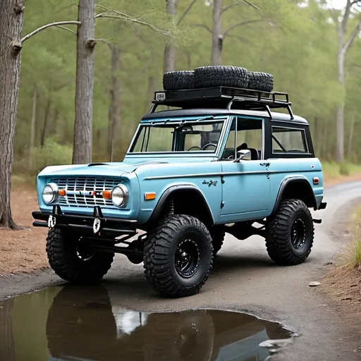 Prompt: 1971 Ford Bronco off road package  4 door on 45 inch tires overlander, matte pale robins egg blue body paint, black trim, black rims. With snorkel and jerry cans, traction board. 
