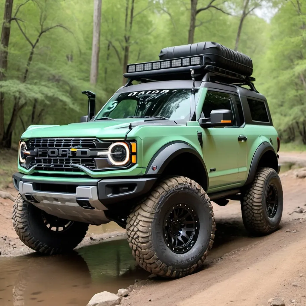 Prompt: Mint green Ford Bronco raptor off-road overlander 37 in tires with snorkel black. trim black accents. Jerry can. Ladder.