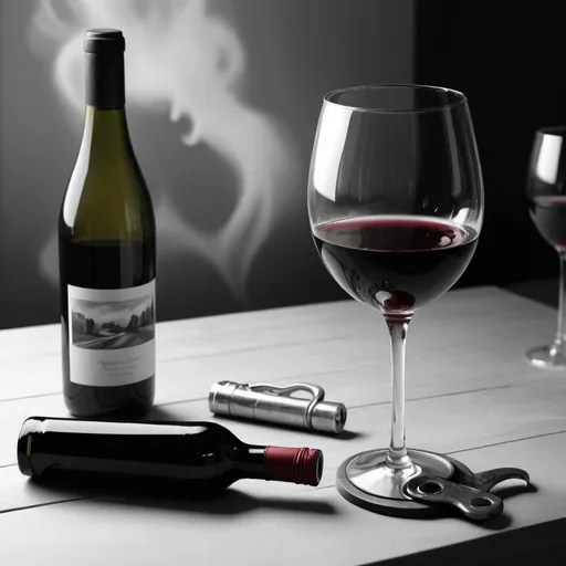 Prompt: A glass of wine on a wooden table next to a bottle of wine and a bottle opener, Enguerrand Quarton, modern European ink painting, smoke, an ambient occlusion render. The glass of wine seen from a perspective showing a bit from above, the wine bottle pouring wine into the glass with a similar perspective.