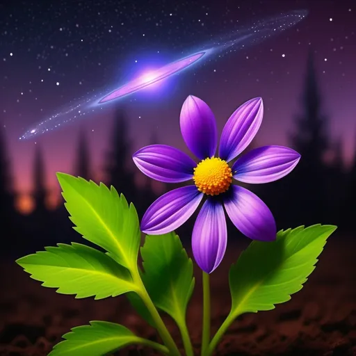 Prompt: a flower among the evening comets, eight petals are purple round, the  leaf is bright green, it stands out from the other flowers