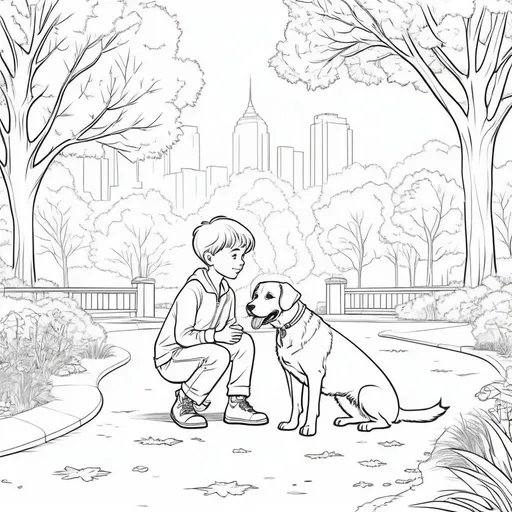 Prompt: B&W coloring book page, boy with his dog in the park, line art, solid white background
