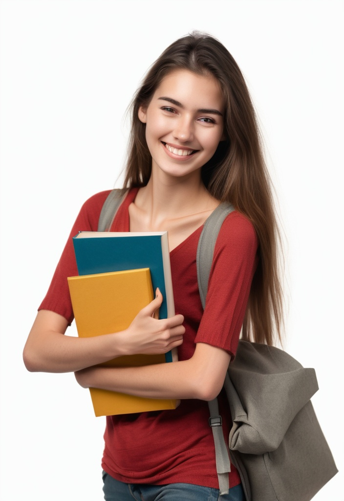 Prompt: Tall young woman walking down with a smile and holding a book