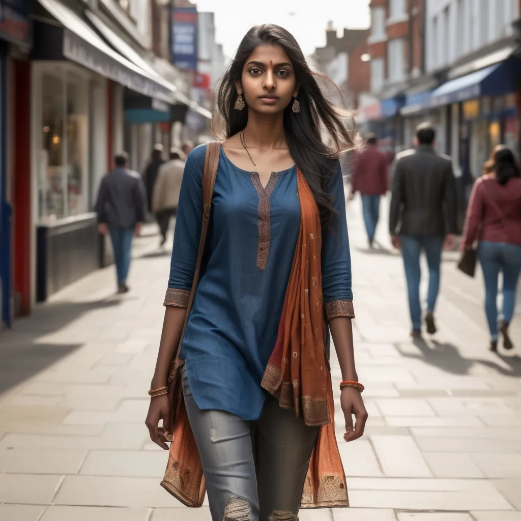 Prompt: Tall young Indian woman walking down the high street, detailed clothing, realistic, natural lighting