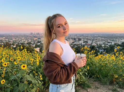 Prompt: @9MDePEwIuCYASMXQN8sg This photograph captures a young woman standing in an elevated, flower-filled area overlooking a sprawling cityscape at sunset. She has a fair complexion, long blonde hair tied in a high ponytail, and is wearing large hoop earrings. Her makeup is subtle but accentuates her blue eyes and full lips. She is dressed in a white, ribbed tank top that reveals her shoulders and a brown, unzipped, fleece jacket that hangs loosely off her arms. She holds a clear plastic cup with a black straw in her right hand, positioned near her chest.
In the background, the city stretches out with a mix of modern and older buildings, visible beneath a sky painted with soft pastel hues of pink, orange, and blue from the setting sun. The foreground is filled with tall, bright yellow sunflowers in full bloom, their green stems and leaves adding contrast to the scene. The ground is slightly uneven with patches of dirt and grass. The overall mood is serene and picturesque, with the woman's relaxed, confident pose adding a touch of casual elegance to the natural and urban setting. The photograph has a warm, natural light that enhances the colors and textures of the scene.
