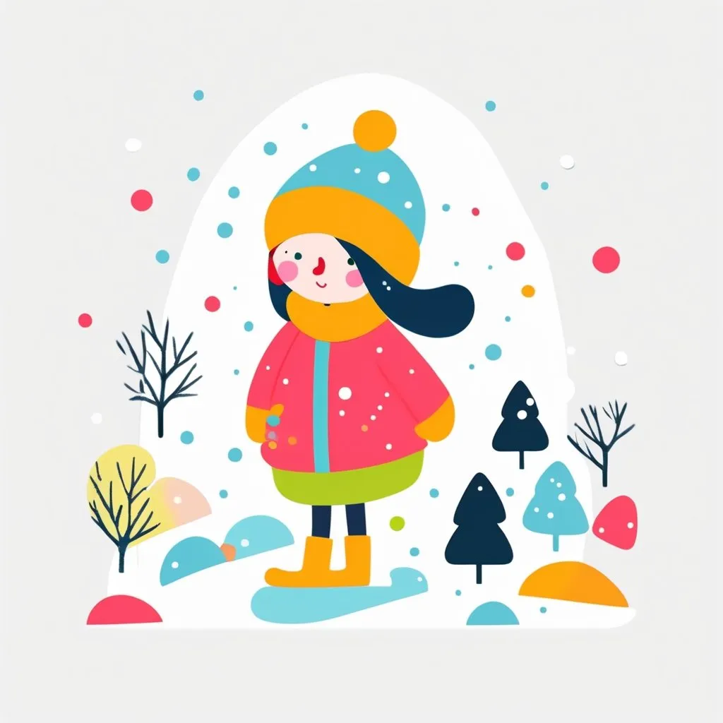 Prompt: illustration character design, cartoonish whimsical style.Girl in snow,bright colors simple shapes,white backdrop