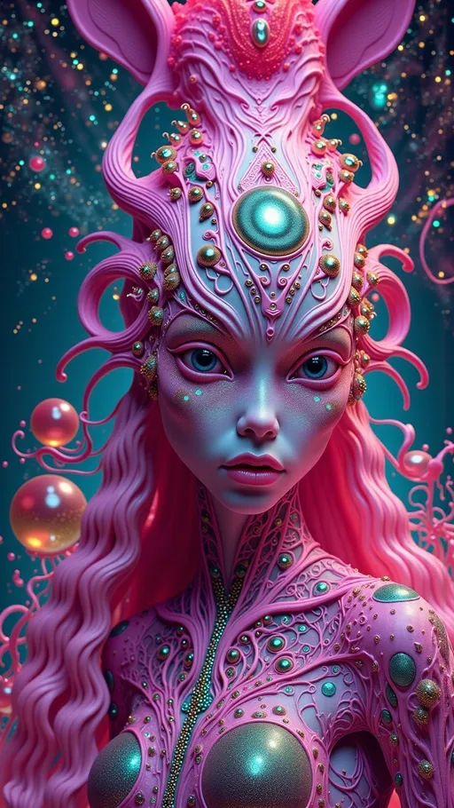 Prompt: **Prompt:**  
"A surreal retro-psychedelic collage featuring a pink alien humanoid with a sleek, elongated head that tapers elegantly at the top, her skin glowing with a bioluminescent shimmer. Her voluminous, curly neon-pink hair cascades like candy floss, framing her exaggerated, oversized pouty lips, which are plush, glossy, and irresistibly kissable, glowing faintly as if charged with cosmic energy. Her large, almond-shaped eyes dominate her face, their irises shifting like liquid opals between lavender, cerulean, and gold, with pearlescent white sclera adding an ethereal intensity to her gaze. Delicate, glowing markings in the shape of constellations trace her temples, hinting at her celestial origins. She wears a holographic pink latex space suit that clings to her form and radiates iridescent hues, reflecting the swirling starlight around her.  

The background is a chaotic, surreal expanse of space, blending vibrant, swirling galaxies in magenta, turquoise, and orange with retro 1960s-style patterns, like checkerboards, spirals, and melting shapes. Planets with glittering rings float alongside distorted, vintage sci-fi spaceships, while glowing nebulae twist into optical illusions. The entire scene feels like a trippy, cosmic fever dream, with textures and colors bleeding together in a kaleidoscopic haze. The composition has an agog finish, with every detail exaggerated and vibrating with energy, as though the universe itself is alive and pulsing in sync with her presence. This alien goddess is both glamorous and surreal, a living embodiment of cosmic psychedelia."  

retro analog style finish 