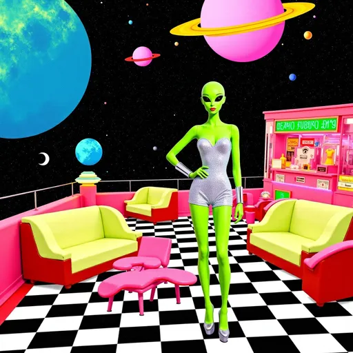 Prompt: A glamorous bald alien pin-up lounges on the open-air deck of a retrofuturistic UFO bar, styled in a vivid cartoonish retro pop aesthetic. She has vivid green skin, and large solid black almond-shaped eyes. Her body is fashion doll-perfect, wrapped in a sparkling chrome strapless romper paired with silver high heels and metallic arm cuffs. She stands confidently on a black-and-white checkered floor that extends to the edge of the open deck, where the cosmos yawns wide—outer space fully visible in the background, with glittering constellations, candy-colored planets, pastel nebulas, and floating asteroids casting soft holo-glows. Inside the lounge, the décor is pure atomic-age space camp: vinyl booths shaped like crescent moons, planet chandeliers, a rocket-shaped jukebox, neon signs for “Cosmic Cocktails,” and orbiting martini glasses that hover midair. Chrome finishes and pastel lighting bathe the entire scene in analog sparkle, blending 1950s glam with deep-space dazzle in a dreamy outer space skyline.
