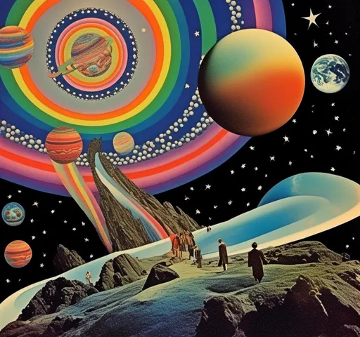 Prompt: A vintage 70s psychedelic collage with the theme “astral vacation”- incorporate themes of astral projection, the astral plane, the silver cord, use an astral brilliantly but sometimes muted opalescent color palette, & combine it all with planets, orbs, optical illusions and psychedelic trippy patterns, color spectrums as a surreal vintage psychedelic collage<mymodel>
