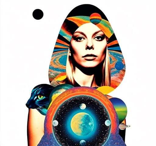 Prompt: <mymodel>Psychedelic collage of a woman, spliced and edited with psychedelic planets, cats, and UFOs, a psychedelic open third eye, incorporating paint, enamel, and found objects, black and white optical illusions, high quality, surreal, vibrant colors, trippy, psychedelic, detailed collage, cosmic theme, colorful lighting surreal collage