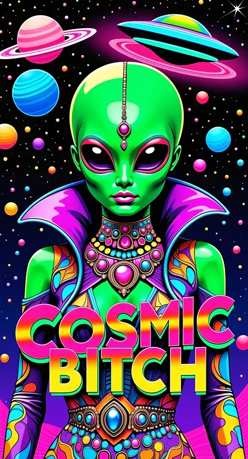 Prompt: **Cosmic Bitch - AI Art Prompt**

Create an artwork featuring the phrase "Cosmic Bitch" in a bold, sassy, girly futuristic tech font. The centerpiece is a stunning green-skinned alien female with a large somewhat conical shaped bald head & large solid black almond shaped eyes, exuding sass and confidence, dressed in avant-garde high fashion with a futuristic twist. Her ensemble is adorned with intricate accessories that scream alien chic.

Incorporate a vibrant UFO hovering in the scene, brimming with colorful lights that dance across the canvas. The background is a bustling outer space landscape, complete with an alien planet, swirling asteroids, and cosmic wonders. Alien glyphs are subtly woven into the design, adding an enigmatic touch.

The entire scene is a whirlwind of activity, filled with intricate details that draw the eye to every corner. From the tiniest star to the grandest asteroid, let no space go unadorned. The result is a masterpiece of cosmic chaos and extraterrestrial elegance.

Now, go forth and let your AI art creation shine in all its interstellar glory! 🌌👽✨