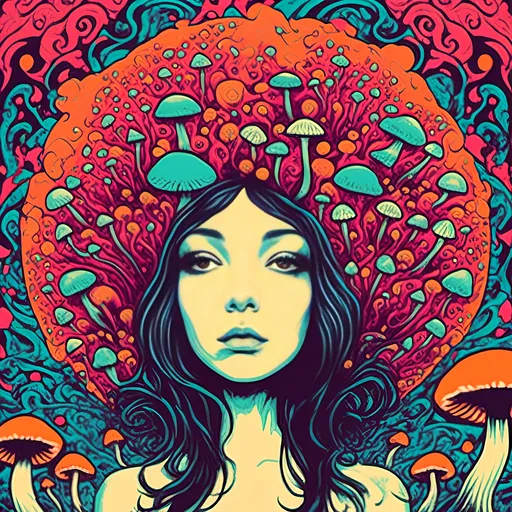 Prompt: <mymodel>Psychedelic poster art of a girl, vibrant colors, trippy visuals, surreal mushrooms, high-quality, detailed illustration, psychedelic, poster art, vibrant colors, surreal, girl, mushrooms, trippy visuals, detailed, professional, surrealistic lighting
