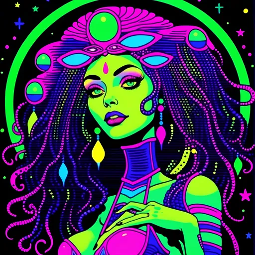 Prompt: <mymodel>Vintage 70s black light poster illustration of a green-skinned retro alien female, long curly hair, futuristic alien fashions, alien makeup, rockabilly pinup style, vibrant neon colors, psychedelic patterns, detailed hair and outfit, high-quality, retro, black light, vibrant colors, psychedelic, 70s style, pin-up, alien fashion, detailed illustration, professional, atmospheric lighting