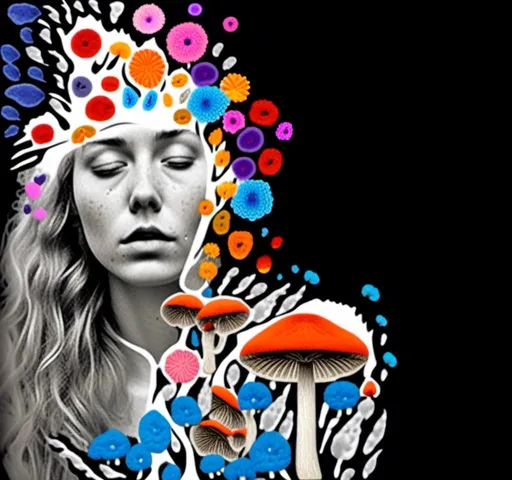 Prompt: A mixed media collage of a black and white photograph of a young woman growing all kinds of colorful multimedia psychedelic mushrooms and fungus out of her body (incorporate things like- but are not limited to - vibrant paints, enamels, glitters, metallic foils, newspaper and magazine cut paper, paint spatter, etc)<mymodel>