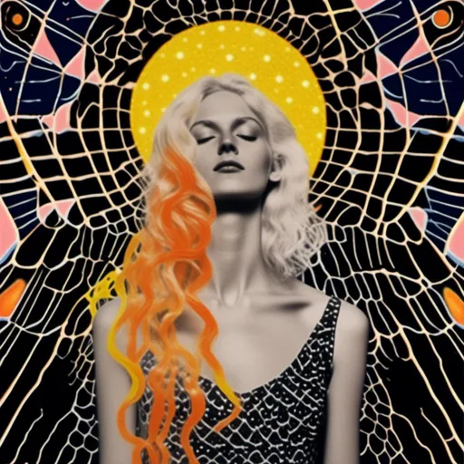 Prompt: <mymodel>Mixed media collage of an astral entity in the astral realms in outer space but also another beautiful glowing dimension of radiance
And love and light. She has long blond curly hair and appears as a photograph, maybe black and white or halftone, while the mixed media colors and sparkles and sacred geometries of the astral dimension swirls around her and out of her in the form of paint, foils, glitter, sparkles, rainbows, auras, sequins, enamels, rhinestones, thread, broken glass, etc