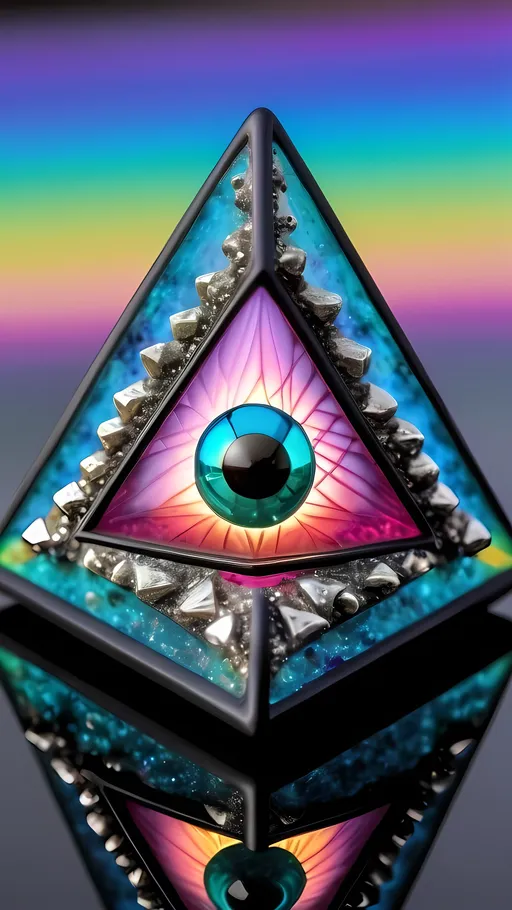 Prompt: an extremely hyper realistic ultra super textural weird trippy surreal psychedelic entity, Sierpinski tetrahedron, translucent, charcoal matte black, blown glass, pearlescent finish, inlaid opal, glittering crystal accents, silver, pyrite, quartz,, chrome, bright vivid teals, blues, pinks/yellows/greens,purples,  lots and lots of light, lots of crazy colorful compound psychedelic human eyes, rows of human teeth, human lips, tongues, fungus,  atoms, diatoms, diatomic, algae, bryozoans, Sierpinski tetrahedron, extreme high definition organic and mineral textures