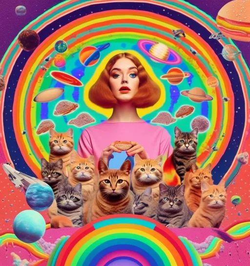 Prompt: a psychedelic collage with a vintage 70s sci animation feel to it except the theme is 90s internet memes. It is to be a collage of photographs and illustrations, outer space, planets, landscapes, optical illusion patterns, geometric shapes, eyes, hands, body parts, with rainbows, 404 error warnings, hamsters, cats, hot dogs, hamburgers, llamas, pickles, candy, chips, pixels, orbs, 90s style iconography spliced together with a vintage 70s psychedelic collage effect<mymodel>