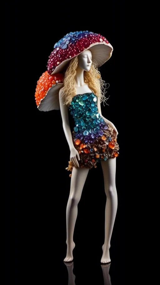 Prompt: <mymodel>Woman with long blond curly hair and mushrooms made of precious gemstones, fungal clothes encrusted with sparkling crystals, high-quality, magical realism, vibrant colors, detailed facial features, natural lighting