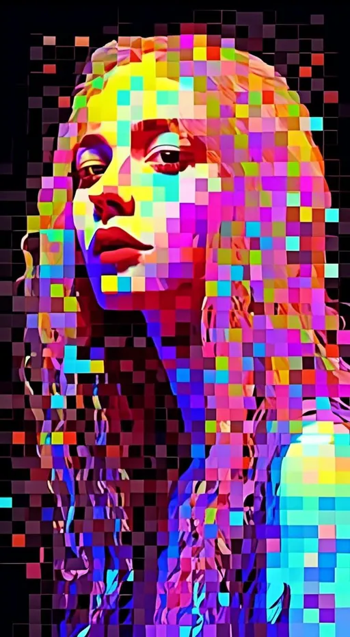 Prompt: <mymodel>Glitchy girl with long blond curly hair, glitched stretched pixels, psychedelic art style, highres, detailed hair, glitched effects, emotional expression, digital art, vibrant colors, surreal lighting