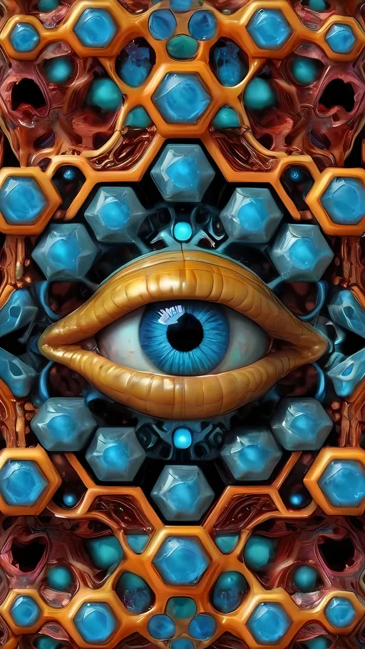 Prompt: Create an extremely hyper-realistic, ultra super textural, weird, trippy, surreal, psychedelic eyes/teeth/mouth pattern/design based on “metatron’s Cube” with lots of human eyes (crazy colorful compound psychedelic), rows of human teeth, human lips, and tongues. 

- **Colors**: determined by the properties and expressions of the elements (& their isotopes), minerals, and metals: Nickel (Ni), Aventurine, Chrysoberyl

**Shapes and forms**
- “Metatron's Cube”
-other shapes determined by the natural properties and expressions of the elements (& their isotopes), minerals, metals, and biological organisms: diatoms, Nickel (Ni), Aventurine, Chrysoberyl


- **Textures**: Derived from any/all elements (& their isotopes), minerals, metals, crystals, organic things mentioned in this prompt: “Metatron's Cube” Nickel (Ni), Aventurine, Chrysoberyl

**Composition and Layout**:
- a pattern/design based on the “Metatron's Cube”

**Lighting**lots and lots of bright shining reflective light
- Trichroism


**Detail and Atmosphere**:
- Extreme hyperrealistic sharp high detail high definition organic and mineral textures
- Psychedelic, weird, odd, surreal atmosphere
- Frozen in time

**Additional Elements**:
- extra rows of teeth, lips, many eyes, diatoms, “Metatron's Cube” , Aventurescence, Chatoyancy
