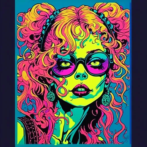 Prompt: <mymodel>Vintage 70s black light poster illustration of a beautiful punk pop rockabilly style zombie girl with long blond curly hair, vibrant colors, retro illustration, psychedelic, detailed hair with cool reflections, groovy, high quality, retro, pop art, zombie, rockabilly, vibrant colors, detailed curls, punk, black light poster, 70s style, vintage, psychedelic lighting