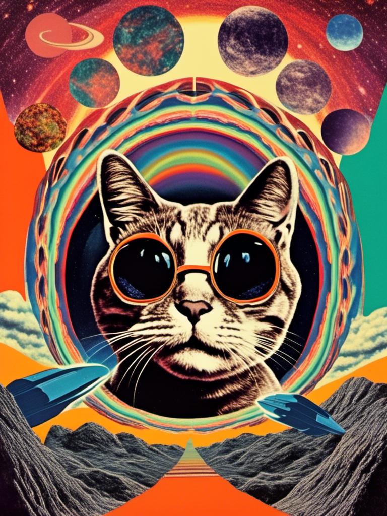 Prompt: a psychedelic collage with a vintage 70s sci-fi animation feel to it except the subject matter will be CATS IN SPACE! The collage will have elements of photography, illustration, trippy patterns and optical illusions, alien landscapes, strange trippy planets, UFOs,, meteors, all cut and spliced together in a psychedelic collage style <mymodel>