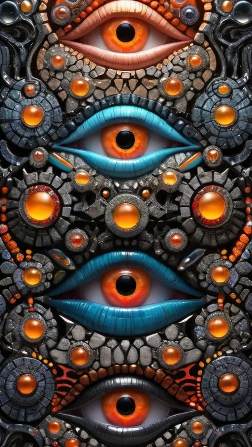 Prompt: Create an extremely hyper-realistic, ultra super textural, weird, trippy, surreal, psychedelic eyes/teeth/mouth pattern/design based on the “labyrinth fractal” & “op art tiling” with lots of human eyes (crazy colorful compound psychedelic), rows of human teeth, human lips, and tongues. 

- **Colors**: determined by the natural properties and expressions of the elements (& their isotopes), raw rough minerals, and metals:
- hematite
- obsidian 
- Fire Opal
- rough Diamond
- Schorl
- Marcasite

**Shapes and forms**
- main form: “labyrinth fractal”
-other shapes determined by the natural properties and expressions of the elements (& their isotopes), raw rough minerals, metals, and biological organisms: 
- hematite
- obsidian 
- Fire Opal
- rough Diamond
- Schorl
- Marcasite

- **Textures**: Derived from any/all elements (& their isotopes), minerals, metals, crystals, organic things mentioned in this prompt: 
- “labyrinth fractal”
- hematite
- obsidian 
- Fire Opal
- rough Diamond
- Schorl
- Marcasite

**Composition and Layout**:
- a pattern/design based on “labyrinth fractal”

**Lighting**
- lots and lots of bright shining reflective light
- opalescence

**Detail and Atmosphere**:
- Extreme hyperrealistic sharp high detail high definition organic and mineral textures
- Psychedelic, weird, odd, surreal atmosphere
- Frozen in time

**Additional Elements**:
- extra rows of teeth, lips, many eyes, “labrynth fractal”
