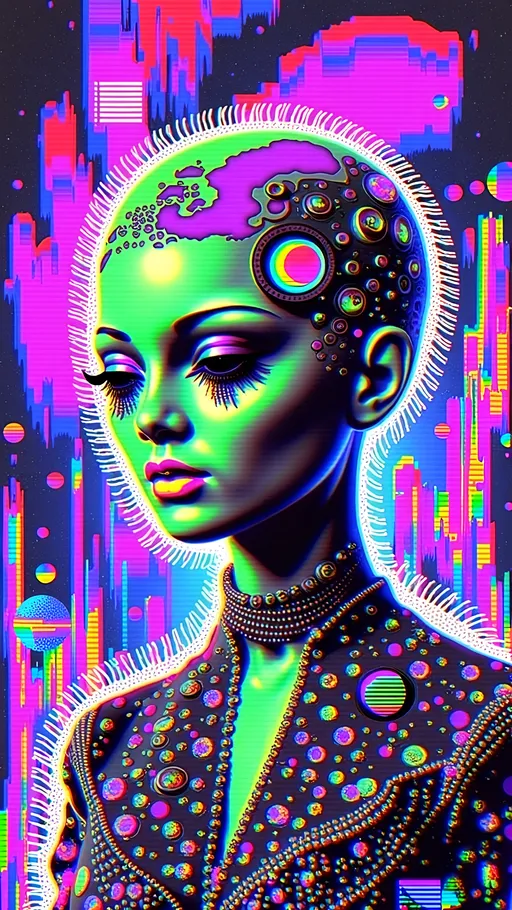 Prompt: **Space Hos - AI Art Prompt**

Create a totally glitched out artwork featuring the phrase "Space Hos" in a bold, sassy, girly futuristic tech font. The scene is populated by multiple striking green-skinned alien females, each exuding attitude and confidence. They are dressed in avant-garde high fashion with a futuristic edge, showcasing an array of intricate accessories that highlight their alien allure.

Each alien boasts a slightly conical-shaped bald head and large, almond-shaped black eyes, adding to their enigmatic charm. They pose with sass and poise, making a statement in the cosmic landscape.

Incorporate a vibrant UFO in the background, teeming with colorful lights that illuminate the scene. The setting is a bustling outer space landscape, complete with an alien planet, swirling asteroids, and cosmic phenomena. Alien glyphs are seamlessly integrated into the design, adding a mysterious layer.

The entire composition is busy and detailed, with every inch filled with tiny elements that captivate the viewer's attention. From the smallest star to the grandest asteroid, the scene is a masterpiece of cosmic chaos and extraterrestrial elegance. Finish it off with lots of different types of computer glitches/noise/data/computer screen effects