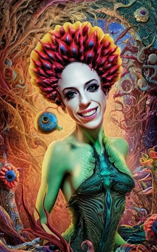 Prompt: Extreme psychedelic hyperrealism- Super high definition ultra textural floral entity psychedelic hallucination surrealism, psychedelic alien flower creature, detailed, highres, intense colors, eerie lighting, bizarre features, unsettling atmosphere, otherworldly, distorted proportions, mind-bending, dreamlike, abstract,, organic textures