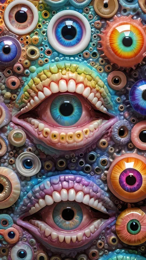 Prompt: an extremely hyper realistic ultra super textural weird trippy surreal psychedelic entity, Apollonian Gaskets, white, translucent, clear, bright bright pastel colors, oil slick rainbow sheen effect, lots and lots of light, lots of crazy colorful compound psychedelic human eyes, rows of human teeth, fungus, atoms, diatoms, Apollonian Gaskets