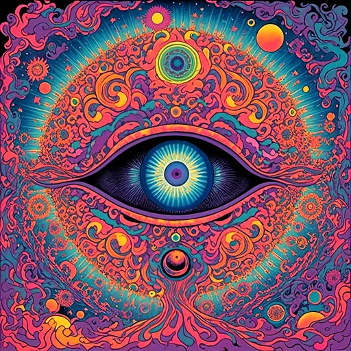 Prompt: <mymodel>Astral entity with open third eye, psychedelic poster art, astral planes, vibrant and surreal colors, highly detailed, surreal, psychedelic, open third eye, astral entity, vibrant color palette, surreal lighting