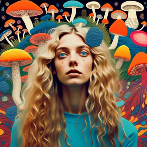 Prompt: <mymodel> a psychedelic stoned tripping goofy quirky looking but pretty woman with long blond very curly hair and blue eyes collaging with drawings of mushrooms, psychedelic vibrant color palette, psychedelic, whimsical and surreal, intricate collage details, trippy, weird, ethereal glow, dreamy lighting, high quality, ultra-detailed, fantasy, vibrant tones, surreal lighting, whimsical design, collage art, multimedia collage