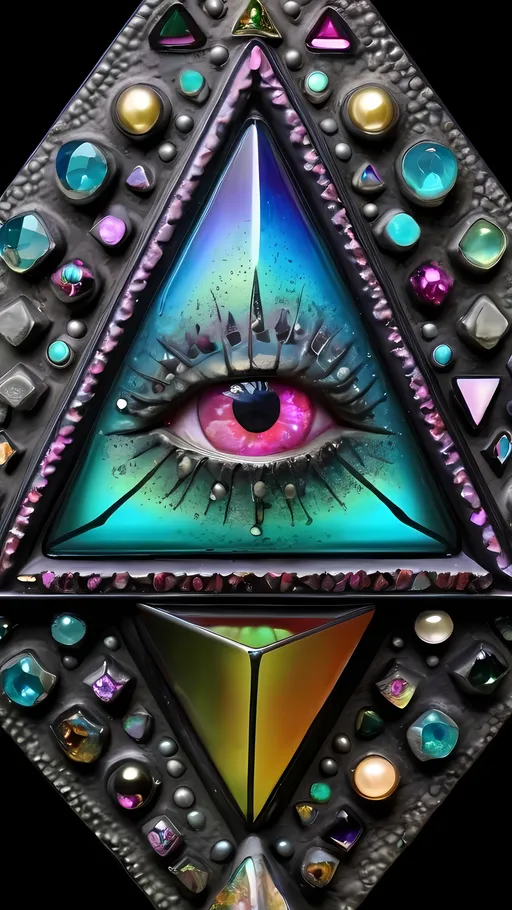 Prompt: an extremely hyper realistic ultra super textural weird trippy surreal psychedelic entity, Sierpinski tetrahedron, translucent, charcoal matte black, blown glass, pearlescent finish, inlaid opal, glittering crystal accents, silver, pyrite, quartz,, chrome, bright vivid teals, blues, pinks/yellows/greens,purples,  lots and lots of light, lots of crazy colorful compound psychedelic human eyes, rows of human teeth, human lips, tongues, fungus,  atoms, diatoms, diatomic, algae, bryozoans, Sierpinski tetrahedron, extreme high definition organic and mineral textures