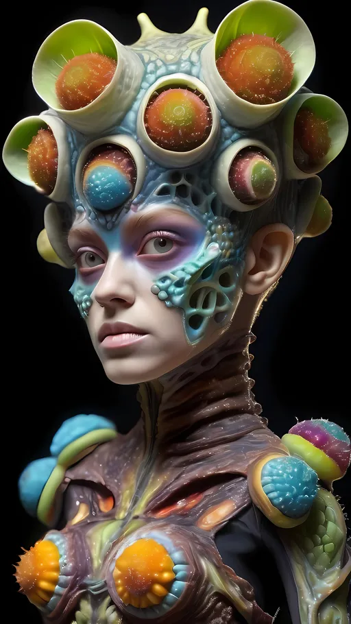 Prompt: Extremely hyperrealistic ultra textural trippy surreal beautiful female but odd unsettling psychedelic creature- a psychedelic GALL creature entity,  queen, crown, cape, jewelry, accouterments, with lots of crazy psychedelic human compound eyes, rows upon rows of human teeth.  head, face, body, limbs, fungus, diatoms, Mandelbrot, oil slick rainbow sheen effect, holographic, hologram, translucent, vivid colors white, tons and tons of light, bright pastel colors, Gyroid Structures. GALLS: Got it! Here's a refined list focusing on the appearance and shapes of plant/wasp galls: Galls, spherical, ovoid, conical, tubular, spiny, horned, blister-like, pouch-like, rosette, bud galls, leaf galls, stem galls, root galls, petiole galls, flower galls, hypertrophy, hyperplasia, cecidia, gall morphology, gall tissue, larval chambers, nutritive tissue, gall anatomy, defensive structures, blister-shaped, globular, irregular, bulbous, ridged, segmented, smooth, wart-like, clustered, elongated, flattened, lobed, scaly, hairy, warty, woody, corky, fleshy, succulent, colorful, mottled, patterned.