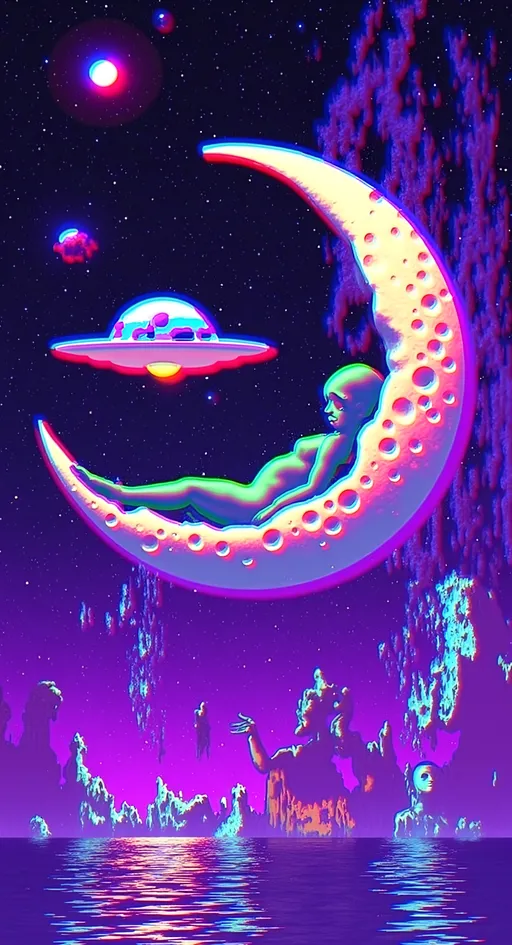 Prompt: **Moonlit Offering - AI Art Prompt**

Create an artwork featuring an alien lounging casually on a crescent moon, its surface dotted with craters. The alien, with an aura of casual friendliness, is offering psychedelic psilocybin mushrooms towards the viewer. A silver holographic ufo hovers nearby, covered in colorful lights and emitting a beam that shines into the mushrooms. It is covered in fine intricate details. Alien glyphs are written into the scene as text 

The alien should embody a blend of charm and mystery, perhaps with green skin, a sleek bald head, and large, expressive eyes. Its attire can be a fusion of avant-garde fashion and cosmic elements, adding an extra layer of intrigue.

The crescent moon serves as a serene and mystical setting, floating amidst a starry night sky. The scene is filled with intricate details, from the texture of the moon's craters to the ethereal glow of the mushrooms.

Incorporate subtle cosmic motifs and psychedelic patterns into the composition, enhancing the dreamlike atmosphere. The artwork should balance hyperrealistic textures with a whimsical, illustrative style, capturing the magic of this lunar encounter. 

Fill the negative space with fine intricate alien and psychedelic details like fractals, melting, not overpowering but subtle