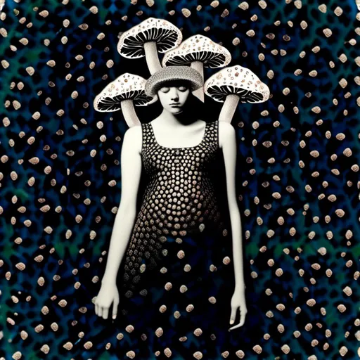 Prompt: a mixed media collage of a girl wearing or growing mushrooms/fungus as clothing body parts and accessories. She is a black and white or halftone photograph, the mushrooms and fungal growths are to be mixed media, including but not limited to paint, enamel, foils, glitter, sparkle, sequins, found objects, natural items, rhinestones etc <mymodel>