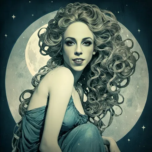 Prompt: Vintage Cyanotype print of a alien girl on the moon, long curly blond hair,  detailed silhouette, vintage artistic style, cool tones, subtle moonlight, high quality, cyanotype print, vintage, detailed silhouette, moon, girl, subtle lighting, cool tones