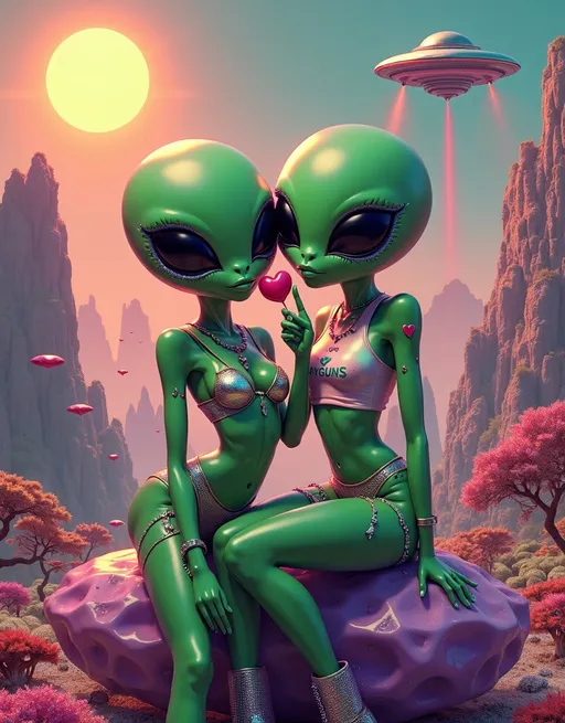Prompt: 2 hot alien bimbo babes w/ vivid green skin, large heads, & huge solid black almond-shaped eyes pose together in the strange wilderness of a dreamlike alien planet. They're hot, glam, & sparkle-covered—1 wears a torn metallic crop top & cutoff holo-shorts w/ rhinestones & star stickers on her thighs; the other wears a ripped tee that says "I ♥ RAYGUNS" over a sheer holofractal fishnet bodysuit. Both wear chrome garters, safety pin jewelry, shiny piercings, & chunky platform boots half-sunk in glowing moss.
They perch on a giant crystal cluster surrounded by surreal La Planète Sauvage-style flora—pulsing coral formations, blinking buds on vines, crystal-flowers growing between glowing mushrooms. In the sky:2 suns (1 violet, one soft orange) burn through prismatic fog. A chrome UFO floats behind them, flickering pink & aqua, caught mid-descent. They lean into each other playfully: one holding a heart-lollipop to her lips, the other tossing up a peace sign. Glossed mouths, shimmered cheeks, & lashes heavy w/ glitter frame their black gaze. Their outfits sparkle in soft light, catching reflections from drifting heart-shaped pollen clouds. The background ripples w/ black & white optical illusion mist, spinning behind alien trees.

Light bounces from every rhinestone, skin gloss, & shimmer smear. The ground pulses w/ rainbow holofractal veins, & soft analog grain wraps the whole scene like a dreamy vintage sci-fi cover.

Palette: vivid green, hot pink, lavender chrome, oily rainbow, pastel coral, glitch teal.
Style: ultra hyperreal yet surreal-illustrative, vintage analog w/ sparkles, hearts, & cosmic wilderness.
Mood: flirty, playful, campy, dreamy, glam-freak fantasy.
