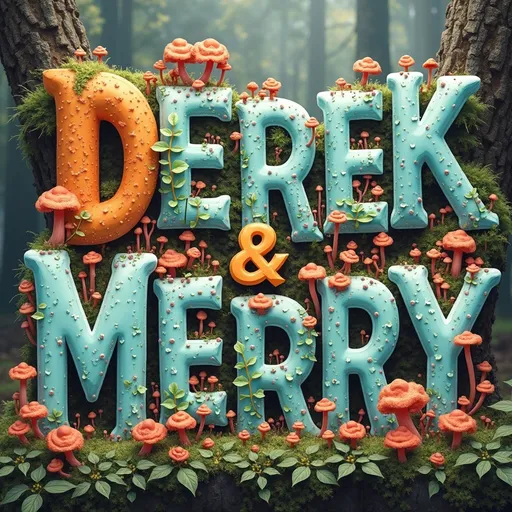 Prompt: Create an artsy, hyperrealistic scene where the names "Derek & Merry" are seamlessly integrated into a vibrant forest floor, crafted from a diverse array of fungi and slime molds. These names should appear as if they naturally emerged from the ecosystem, each letter a masterpiece of nature's artistry.

Include fungi and slime molds such as **Lentinula edodes (Shiitake)**, **Flammulina velutipes (Enoki)**, **Calvatia gigantea (Giant Puffball)**, **Coprinus comatus (Shaggy Ink Cap)**, **Auriscalpium vulgare (Earpick Fungus)**, **Lycogala epidendrum (Wolf's Milk Slime)**, **Fuligo septica (Dog Vomit Slime Mold)**, **Trichia decipiens (Hairy Fairy Cup)**, **Armillaria mellea (Honey Fungus)**, **Pseudohydnum gelatinosum (Jelly Tooth)**, **Polyporus squamosus (Dryad’s Saddle)**, **Cyttaria gunnii (Beech Orange)**, **Pseudocolus fusiformis (Stinky Squid)**, **Diderma hemisphaericum (Chocolate Tube Slime)**, **Daedalea quercina (Maze Gill Fungus)**.

The scene should be a captivating blend of nature's complexity and beauty, with each fungus and slime mold contributing its unique characteristics to the names "Derek & Merry". The letters should appear as if they are an intrinsic part of the forest floor, thriving in a harmonious symphony of life and art, embodying a whimsical, otherworldly charm. This composition celebrates organic forms, inviting viewers to lose themselves in its intricate details and vibrant hues.