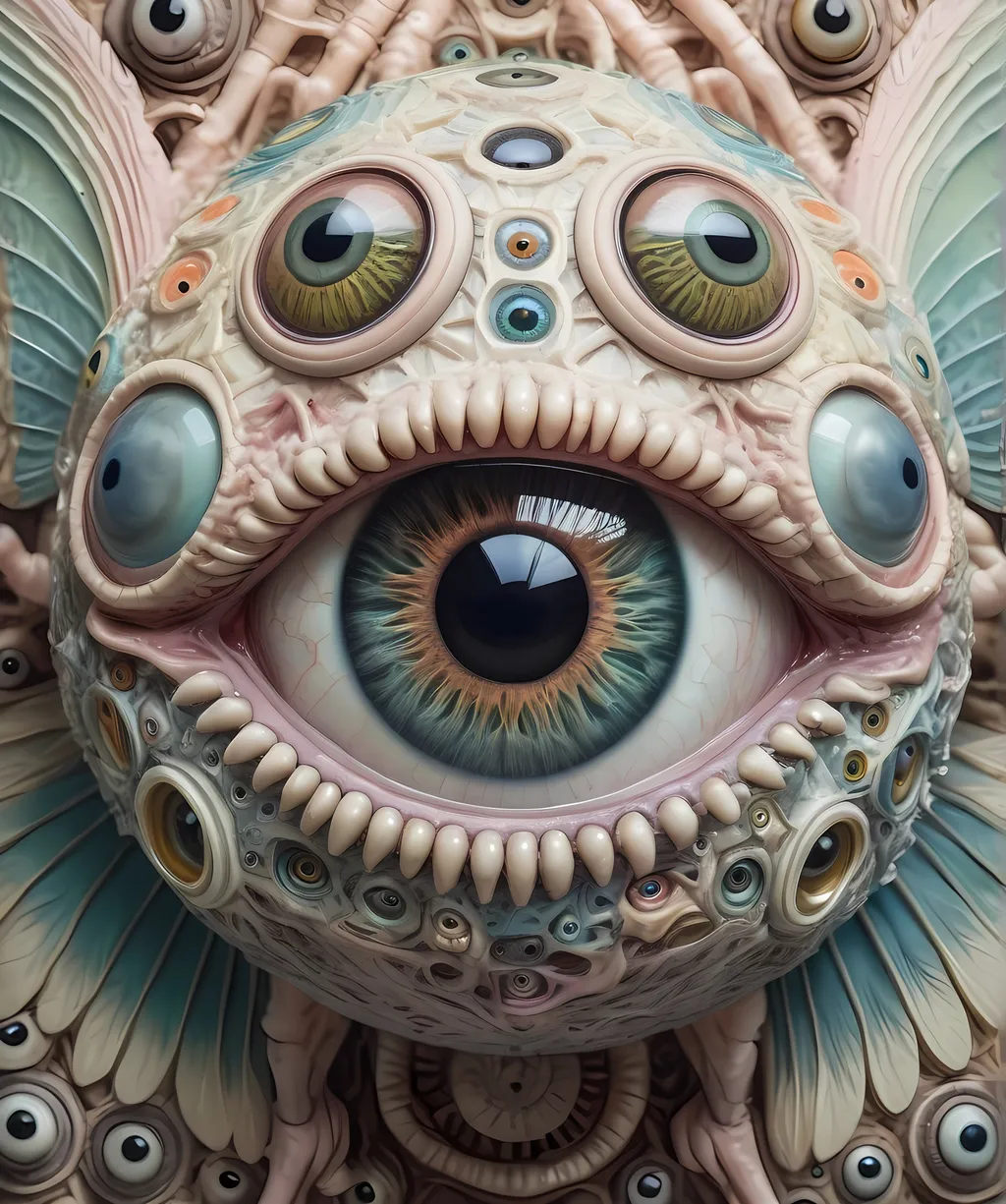 Prompt: A surreal extremely hyper realistic super textural psychedelic geometric eyeball creature with insect wings, pastel light colors,  lots of crazy trippy psychedelic human eyes, human teeth, organic and mechanical, multidimensional, weird surreal unsettling odd