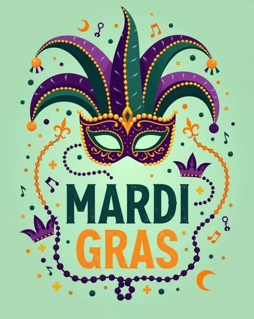 Prompt: **Prompt:**
A bold, flat-colored Mardi Gras vector illustration on a mint green background with no highlights or shadows. Center the design around a large, ornate Mardi Gras mask with simple, clean patterns and dramatic feather plumes in purple, green, and gold. Surround the mask with flat strings of beads in purple, green, gold, and white, arranged in loops and spirals for a sense of movement. Add flat, graphic-style jester hats, crowns, and fleur-de-lis scattered throughout the design. Place "MARDI GRAS" in a fun, playful font at the center or bottom, using bold, flat colors and bead strings weaving through the letters. Include flat confetti, crescent moons with winking faces, and musical notes to add a festive, celebratory energy. Keep the entire design clean and simple, using only solid fills in the Mardi Gras color palette.
